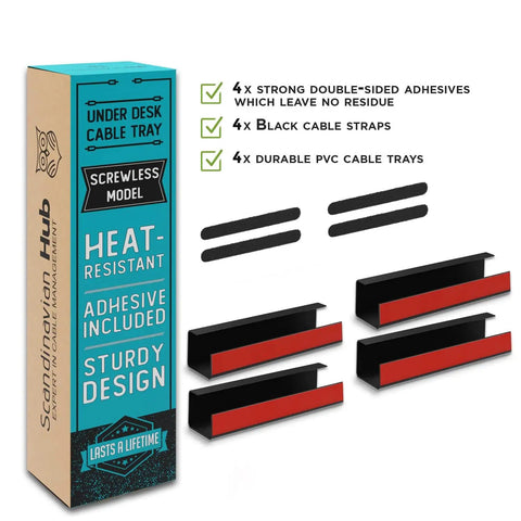 Set Of 4 No-Screw Under Desk Cable Management Trays With Self-Adhesive Install, Cord Organizer For Home Office, shown with box packaging and accessories