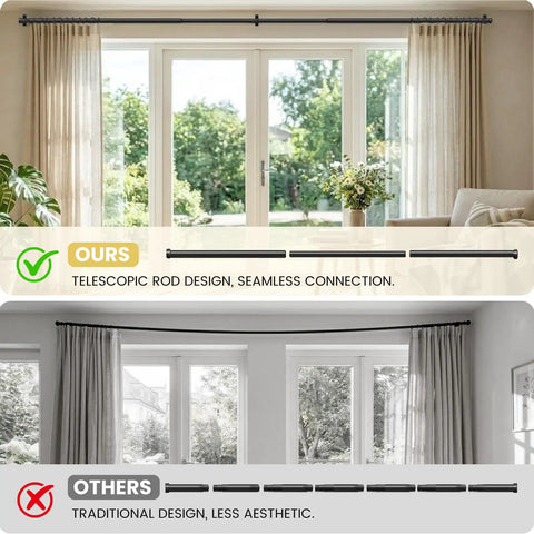 Comparison of telescopic and traditional curtain rods in use, showcasing Built Tough Adjustable Curtain Rod Set 72 to 144 Inches 1 Inch Diameter