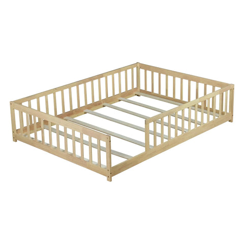 Rock Solid Full Size Montessori Floor Bed With Safety Rails, Natural Solid Wood Kids Sleep Platform, built tough with heavy duty slats.