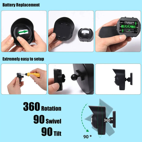 Installation steps of Long Range Wireless Driveway Alarm Kit with 2 Receivers and 3 PIR Motion Detectors, showing battery and setup.