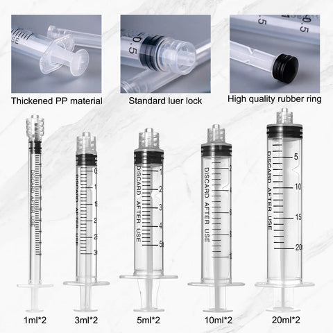 Applicator Syringe Set With Blunt Tip Needles And Luer Lock Caps For Precise Bonding And Easy Flow Pro Grade Build Includes 1ml 3ml 5ml 10ml And 20ml Syringes With Sealed Caps And Durable Dispenser Tips. Clear PP syringes, luer lock caps, 1ml to 20ml
