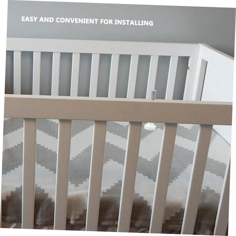 Crib with installed Spring Loaded Latch Kit 12 Pieces For Cribs Beds Windows And Screens Easy Installation Fasteners Crib Latch Replacement.
