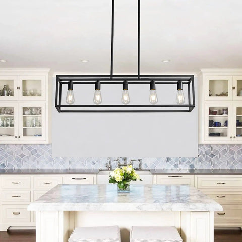 Farmhouse Kitchen Island Light With Black Matte Finish, Modern Industrial Five Light Linear Pendant Fixture For Kitchen