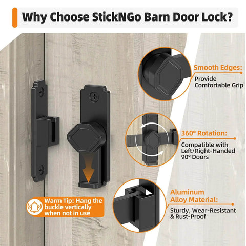 Sturdy 90 Degree Barn Door Lock Aluminum Alloy Security Flip Lock for Barn, Bedroom, Fence and Shed, shown installed on wood door