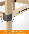 Heavy Duty Workbench Bracket Kit 12 Pc Three Way Right Angle Corner Braces For DIY Built To Last For Standard 2x4 Lumber Actual One And A Half By Three And A Half Inches Steel Frame Building Plates For Workbench Table Shelving Garage Storage showing the bracket installation on 2x4 lumber.