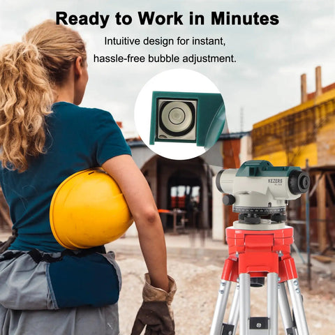 Heavy Duty 32X Automatic Optical Level Kit With Self Leveling Magnetic Dampener And Secure Transport Lock Built Like A Tank Featuring Lightweight Aluminum Survey Tripod Plus Nine Foot Grade Rod And Rugged Carry Case For Precision Job Sites