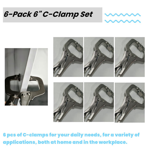 Heavy Duty 6 Inch C Clamp Locking Pliers Set, Six Pcs Vise Grip Clamps with Swivel Pad displayed in packaging