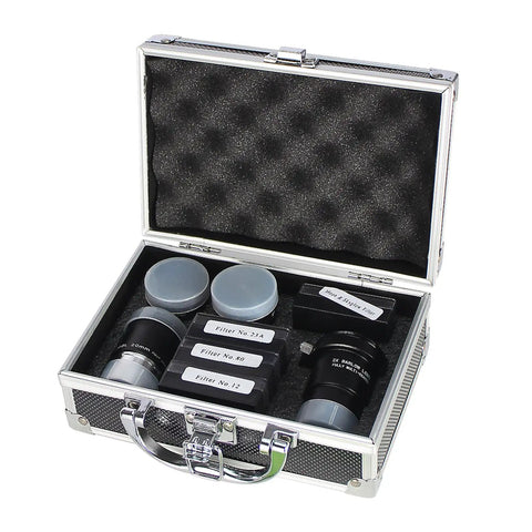 Ultimate Telescope Accessory Kit with eyepieces, filters, and Barlow lens in aluminum case for planets, moon, and deep sky sessions