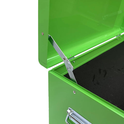 Close-up of green Portable 24 Inch Steel Tool Chest With Six Drawers And Ball Bearing Slides, showing interior and hinge