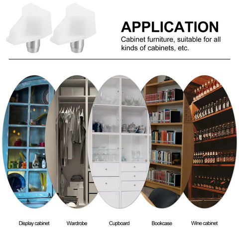 White Cabinet Shelf Support Pegs 100 Pieces With Adjustable Design And No Fuss Setup Plastic And Stainless Steel Clips usage