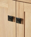 Close-up of the solid oak cabinet doors with sleek black hardware of the Top Shelf 42 Inch Single Rectangle Sink Bathroom Vanity Made From Premium Grade Solid Oak Wood With Drop Dead Gorgeous Nero Marquina Black Quartz Countertop Built Like A Tank.