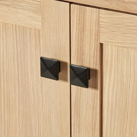Close-up of the solid oak cabinet doors with sleek black hardware of the Top Shelf 42 Inch Single Rectangle Sink Bathroom Vanity Made From Premium Grade Solid Oak Wood With Drop Dead Gorgeous Nero Marquina Black Quartz Countertop Built Like A Tank.