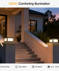 Hardwired Outdoor Post Lights 9.8 Inch Pillar Lamps illuminating a staircase at night, warm white 3000K glow