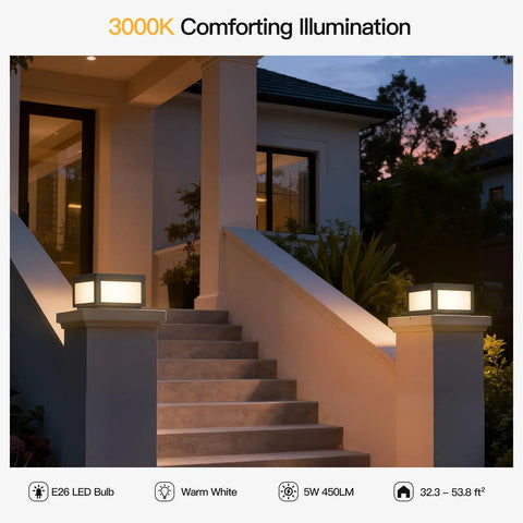 Hardwired Outdoor Post Lights 9.8 Inch Pillar Lamps illuminating a staircase at night, warm white 3000K glow