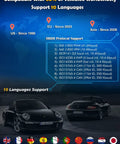 Support details for Advanced OBD2 Car Diagnostic Scanner With Full Diagnostic Functions showing 10 languages and vehicle compatibility