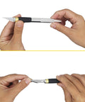 Hands holding 45mm Rotary Cutter and Precision Knife Set for Art Quilting and Crafting with 12 Bonus Blades Pro Grade Ergonomic Aluminum Handle Anti Slip Grip Safe Retracting Blade for Precise Clean Cuts