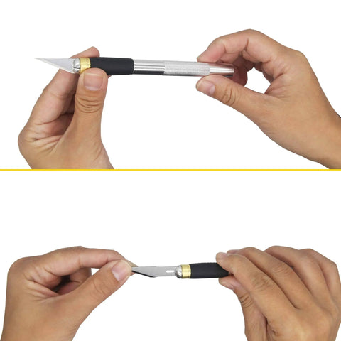 Hands holding 45mm Rotary Cutter and Precision Knife Set for Art Quilting and Crafting with 12 Bonus Blades Pro Grade Ergonomic Aluminum Handle Anti Slip Grip Safe Retracting Blade for Precise Clean Cuts