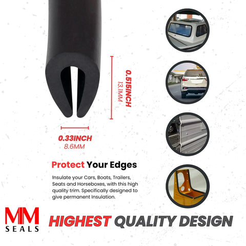 Black U Channel Edge Trim Seal EPDM 33/64 Inch High By 11/32 Inch Wide shown with installation examples for cars and trailers.