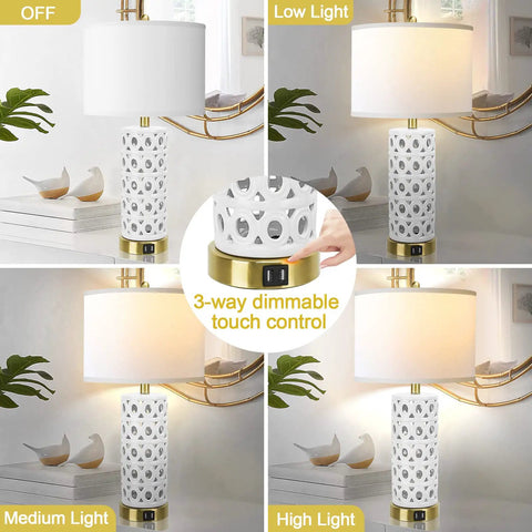 White Ceramic Table Lamp Set Of 2 With Linen Fabric Shades, Modern Farmhouse Nightstand Lamps, 3 Way Dimmable Touch Control LED
