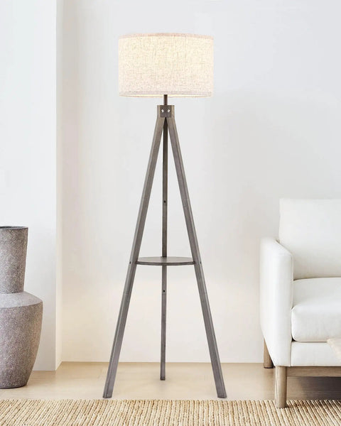 Solid Wood Tripod Floor Lamp With Built In Table And Corner Shelf Mid Century Modern Reading Lamp With Drum Shade Tall Brown Floor Lamp For Living Room Bedroom Or Office LED Bulb Included