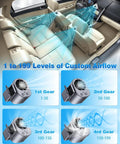 Clip On Car Fan With LED Display And 360 Degree Rotation, USB Rechargeable, airflow in car interior, 199 speed settings shown