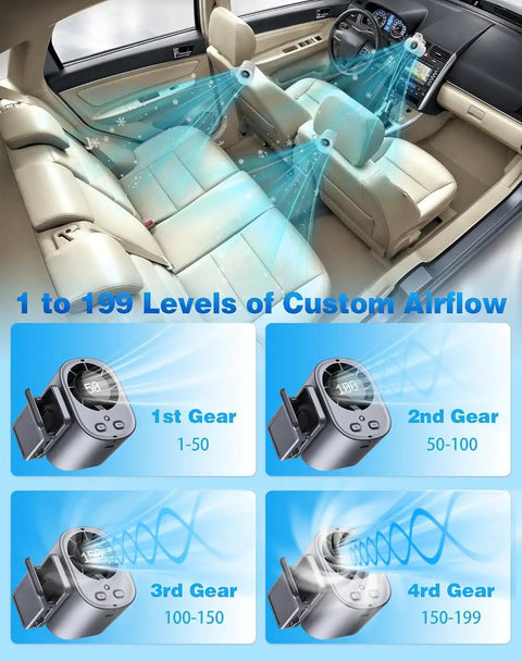 Clip On Car Fan With LED Display And 360 Degree Rotation, USB Rechargeable, airflow in car interior, 199 speed settings shown