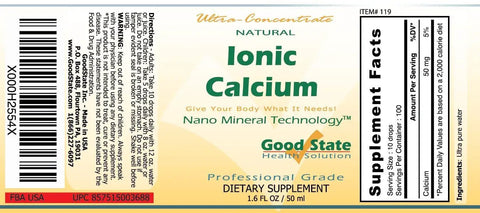 Label of Liquid Ionic Calcium Ultra Concentrate for Easy Daily Mineral Boost, 10 Drops Equal 50 Mg, 100 Servings, 1.6 Fl Oz