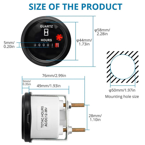 Keep Track Of Engine Hours With This Rugged Quartz Hour Meter For 6V To 80V Systems, 12V Industrial Gauge With Metal Mount Bracket, Anti Vibration, Waterproof Design For Indoor And Vehicle Use, size diagram