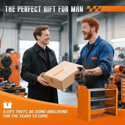 Two men in a workshop exchanging a box beside a Power Tool Organizer Wall Mount With Charging Station Four Tier Garage Storage Rack Including Cordless Drill Holders And Side Tool Racks For Pliers Hammers And More Orange.
