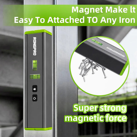 Portable Laser Level With Light And Magnetic Pocket Torpedo Tool For 15 Ft Cross Line Vertical And Horizontal Bubbles Handy For Hanging Pictures Walls And Home Renovation Projects Green Line, magnetic on steel