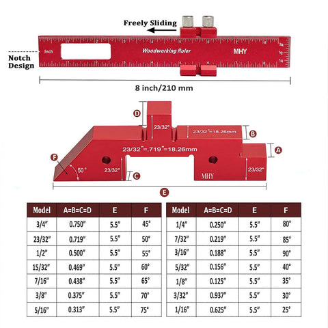 Pro Grade Fifteen Piece Aluminum Table Setup Blocks For Woodworking With 6061 T651 Aluminum For Rock Solid Height Depth And Angle Alignment And Fence Gauge Plus Laser Marked Durable Storage Case. 8 inch ruler block with notch design and 50° angle chart