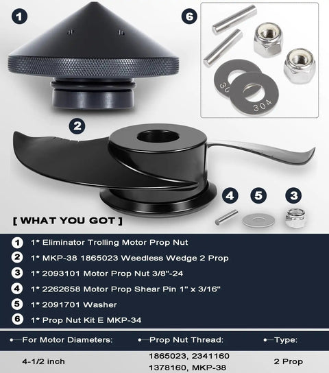 Weedless Wedge 2 Prop And Eliminator Prop Nut Kit For 112 Lb Thrust Trolling Motors 4-1/2 Inch Diameter No Hassle Install And Durable Quick Swap Fits Ulterra Fortrex Terrova Riptide Ultrex 112