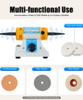 Heavy Duty Top Notch 320W Variable Speed Bench Polisher Built Like A Tank For Jewelry Crafters And Weekend Warriors Featuring Knockout RPM And Sweet Cooling Vents showing front view with white cloth wheels and adjustable speed dial.
