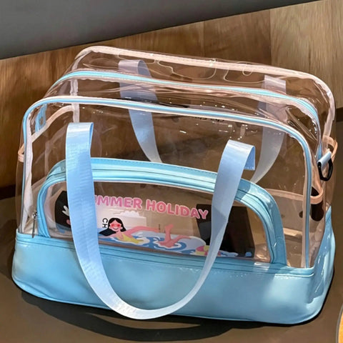 Transparent bag with blue straps, showing Dry Wet Separated Storage Bag For Gym And Beach Gear With Separate Dry And Wet Compartments.