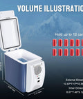 Portable 12V Thermoelectric Cooler And Warmer With 7.5 Quart Capacity Compact Mini Fridge dimensions showing capacity for 12 cans.