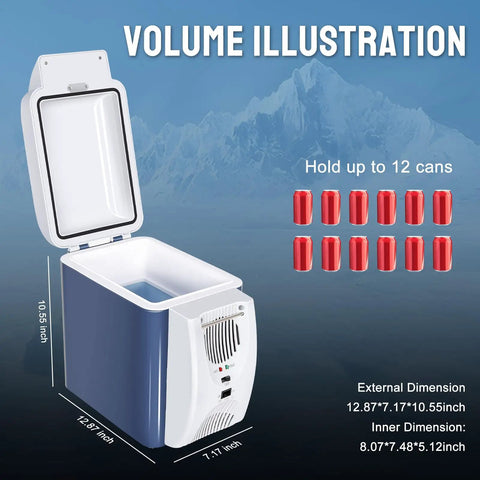 Portable 12V Thermoelectric Cooler And Warmer With 7.5 Quart Capacity Compact Mini Fridge dimensions showing capacity for 12 cans.