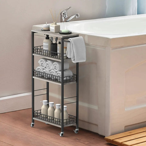 Four Tier Narrow Storage Cart On Wheels With Wood Tabletop, Slide Out Shelves, beside bathtub with toiletries and towels