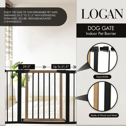Rock Solid Wooden Dog Gate With Walk Through Swing For Indoor Puppy Protection And Pressure Mount Setup Secures Easily Against Walls And Stairs Like A Glove Without Drills, expandable, 29.5 to 51.5 inch size, wood and metal