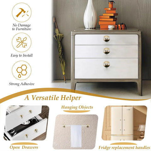 Infographic showing uses of Two Pack Clear Acrylic Adhesive Cabinet Pulls With Center Hole 5 Inch Self Stick Knobs on furniture