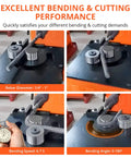 Heavy Duty 3000W Electric Rebar Bender That Slams Out Tight 180 Degree Rolls On One Piece Steel Rods Up To 1.3 Inches Fast With Foot Pedal For Construction Sites. Rebar bending process shown with various angles and measurements.
