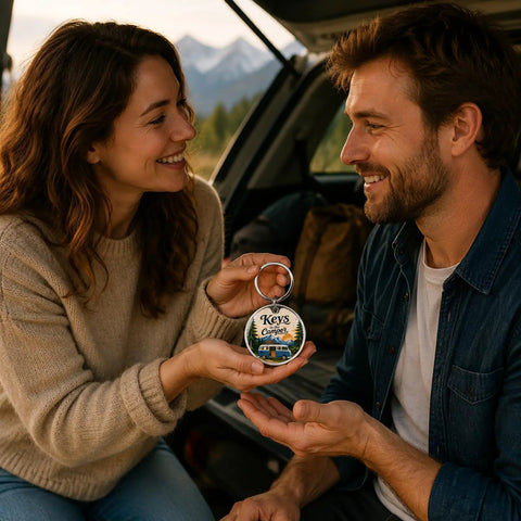 Couple holding Camper Keychain for RV Lovers and Road Trip Fans in a scenic outdoor setting