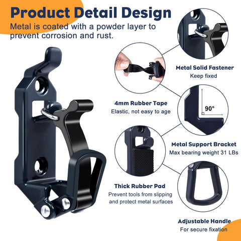 Heavy Duty Roof Rack Shovel Mount Bracket Kit detail showing metal fastener, rubber tape, and support bracket for durability.