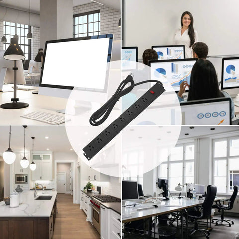 Heavy Duty Metal Eight Outlet Power Strip With Wall Mount, Wide Spaced Sockets For Large Plugs, On Off Switch, office use