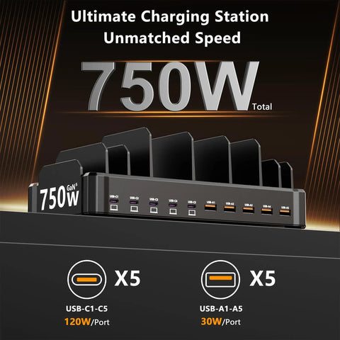 10 Port USB-C Desktop Charging Station With 750W Total Output showing 5 USB-C 120W and 5 USB-A 30W ports, black