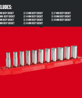 Metric Three Eighths Inch Drive Six Point Socket Set, Eleven Piece With Deep Sockets, Chrome Finish, in red tray