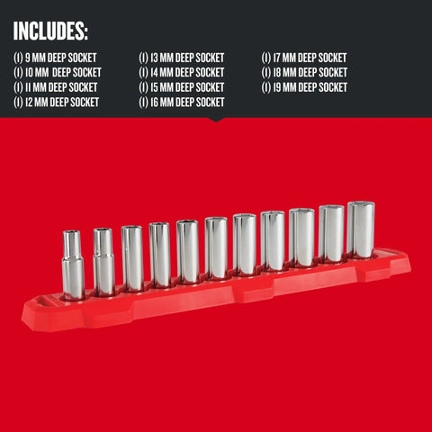 Metric Three Eighths Inch Drive Six Point Socket Set, Eleven Piece With Deep Sockets, Chrome Finish, in red tray