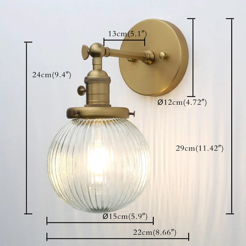 Vintage Industrial Wall Sconce Lighting Fixture With Five Point Nine Inch Round Clear Ribbed Glass Globe Antique Brass Gold Finish E26 Base 60W Max 110-120V Dimmable With LED CFL Halogen Incandescent Bulbs Hallway Living Room