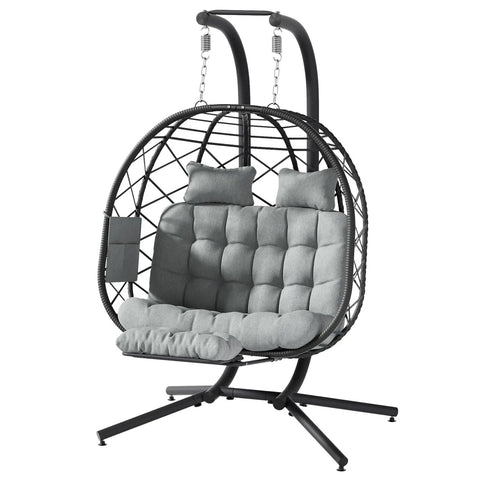 Cozy Double Hanging Egg Chair for Two with Adjustable Footrest and Stand, Indoor Outdoor Wicker Swing with Cushions, Grey, front view.