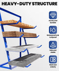 Heavy Hitter 4 Tier Lumber Rack Built Like A Tank With Reinforced Alloy Steel And Anti Rust Pipes handling lumber in a garage setup.