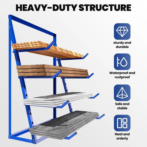Heavy Hitter 4 Tier Lumber Rack Built Like A Tank With Reinforced Alloy Steel And Anti Rust Pipes handling lumber in a garage setup.